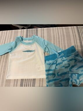 Kids Light Blue & White Rash Guard Set with Crocodile Print